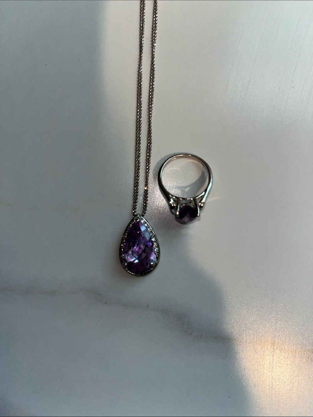Sterling 925 Silver Purple 💜amethyst Teardrop Pendant Necklace matching ring 💍